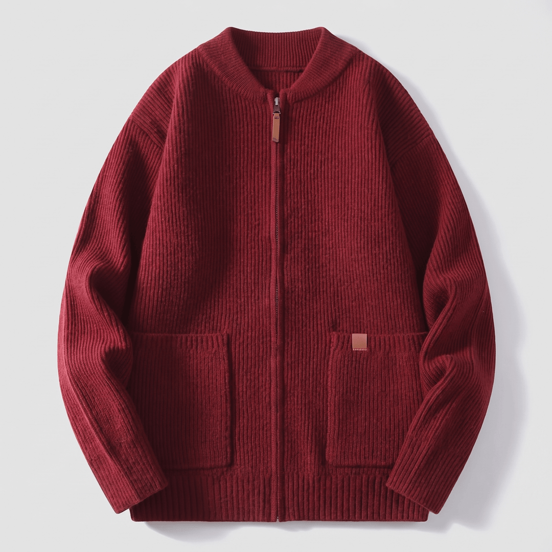 Red rib knit jacket with full zip and two patch pockets
