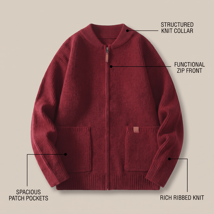 Red rib knit zip jacket with structured knit collar and spacious patch pockets