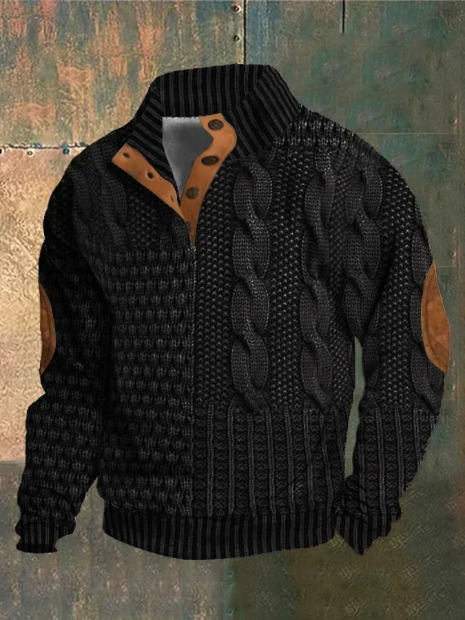 Black cable-knit warm pullover sweater with ribbed collar, cuffs, and hem