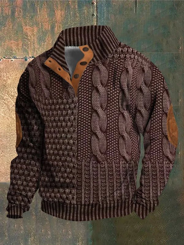 Dark red cable-knit warm pullover sweater with ribbed collar, cuffs, and hem