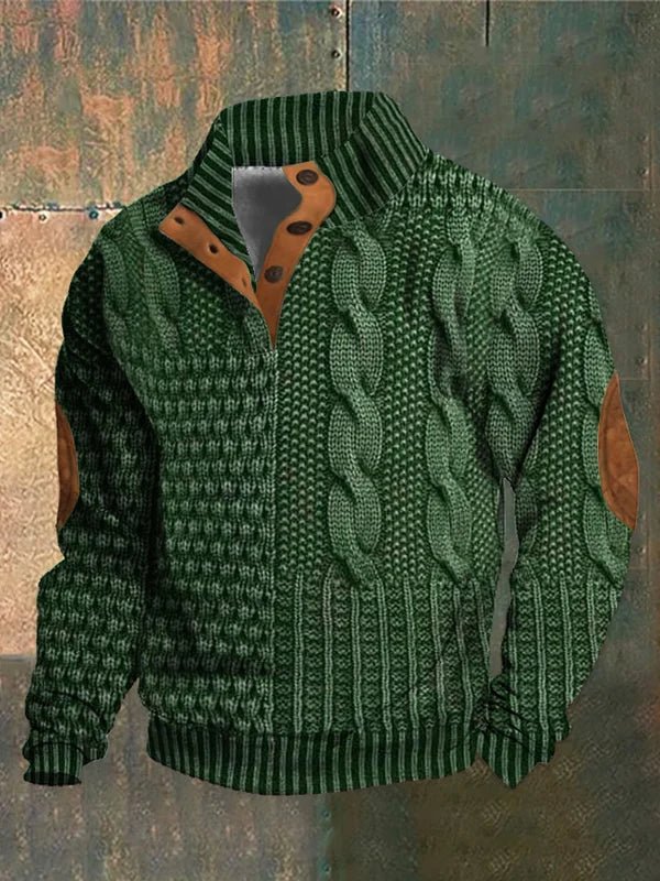 Green cable-knit warm pullover sweater with ribbed collar, cuffs, and hem
