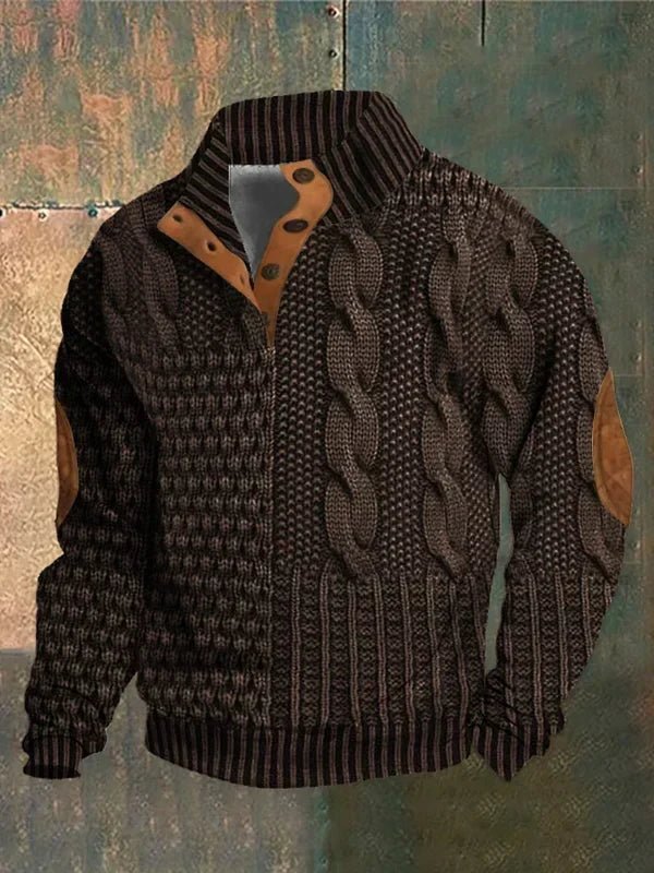 Brown cable-knit warm pullover sweater with ribbed collar, cuffs, and hem