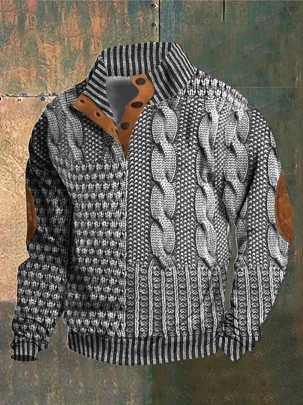 Light gray cable-knit warm pullover sweater with ribbed collar, cuffs, and hem