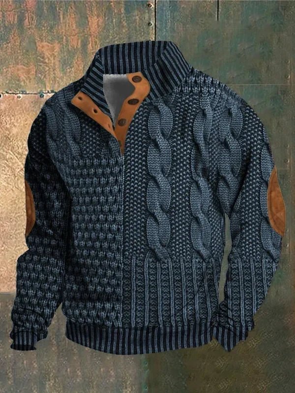 Purple cable-knit warm pullover sweater with ribbed collar, cuffs, and hem