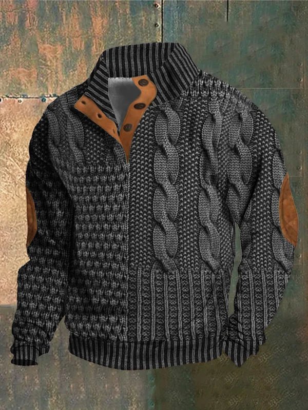Dark gray cable-knit warm pullover sweater with ribbed collar, cuffs, and hem