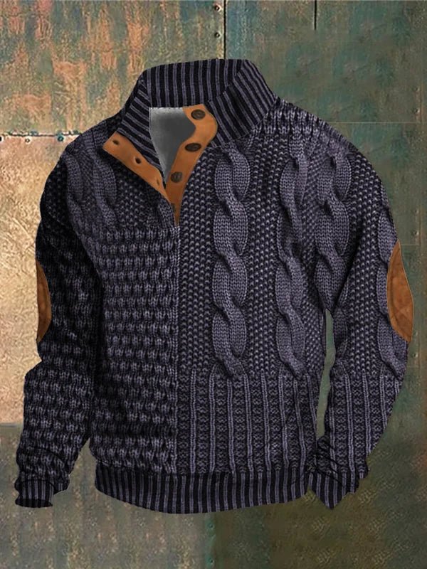 Dark navy cable-knit warm pullover sweater with ribbed collar, cuffs, and hem