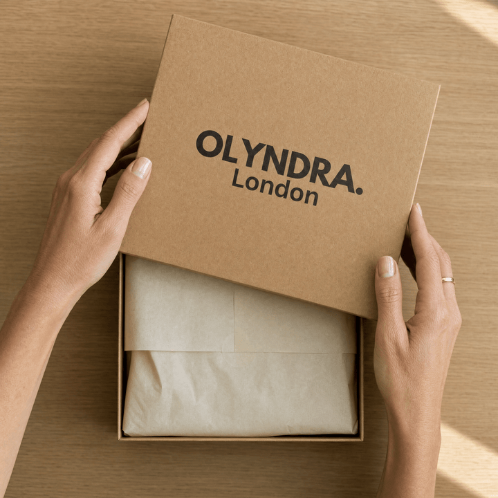 OLYNDRA London mystery box with tissue-wrapped item inside