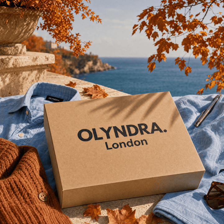 OLYNDRA London mystery box with folded shirt, sweater, jeans, and sunglasses