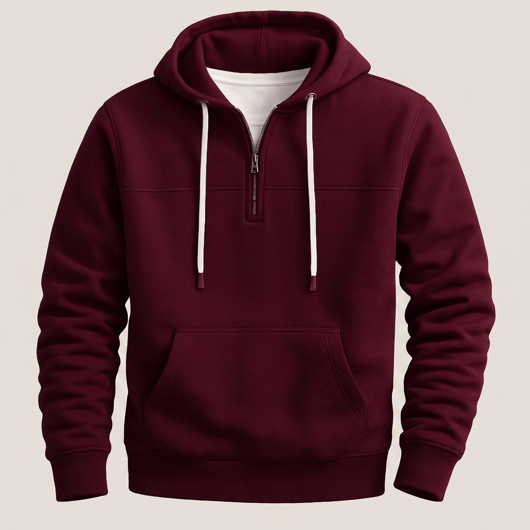 Maroon quarter-zip hoodie with hood drawstrings and front pouch pocket