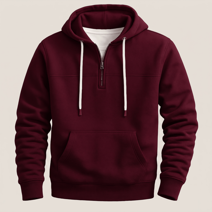 Maroon quarter-zip hoodie with hood drawstrings and front pouch pocket