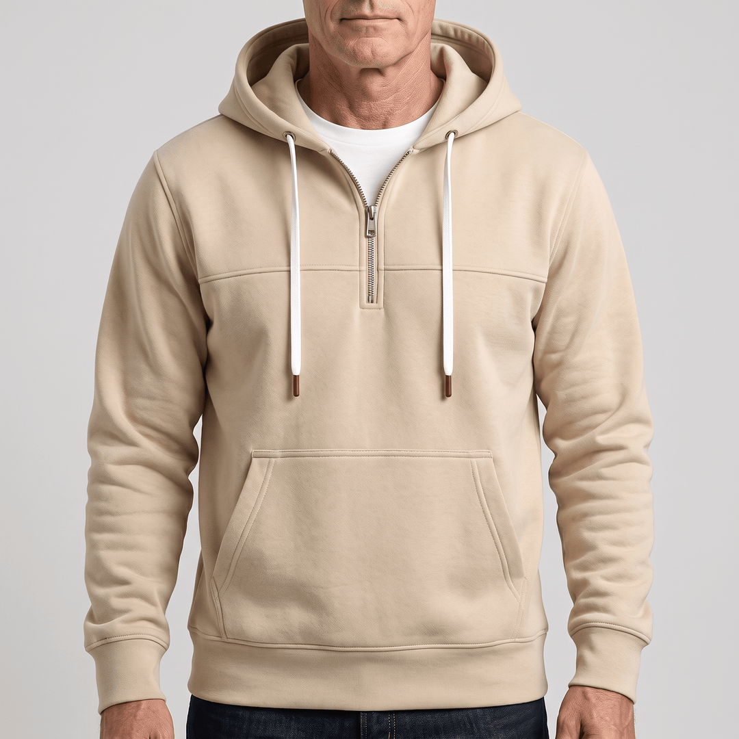 Sand beige quarter-zip hoodie with hood drawstrings and front pouch pocket