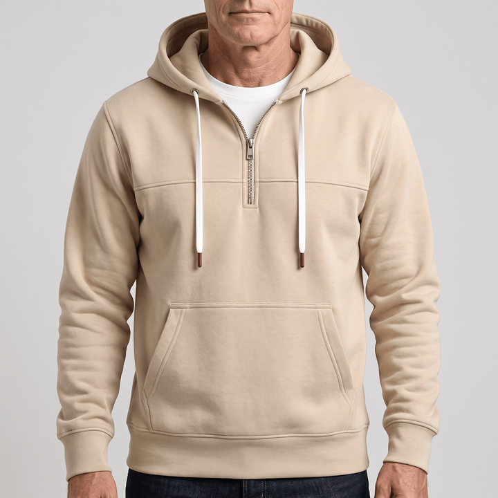 Sand beige quarter-zip hoodie with hood drawstrings and front pouch pocket