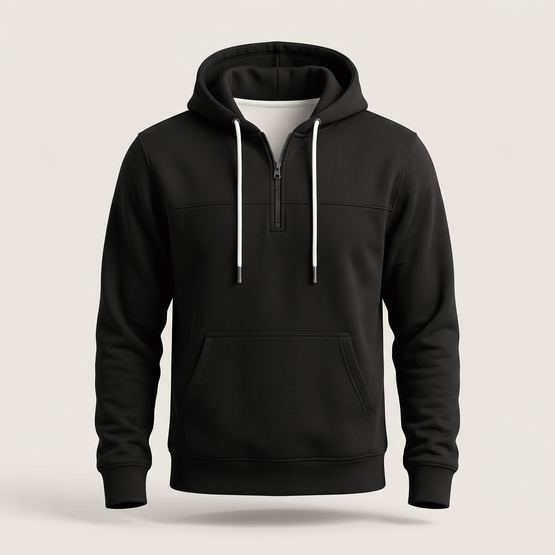 Black quarter-zip hoodie with hood drawstrings and front pouch pocket