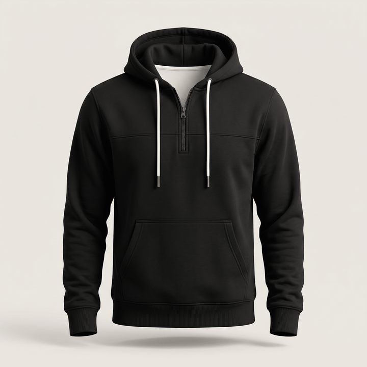 Black quarter-zip hoodie with hood drawstrings and front pouch pocket