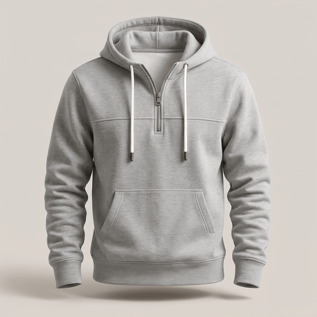 Light grey quarter-zip hoodie with hood drawstrings and front pouch pocket
