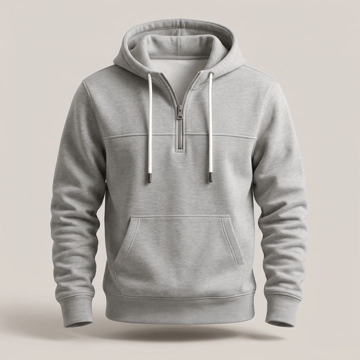 Light grey quarter-zip hoodie with hood drawstrings and front pouch pocket
