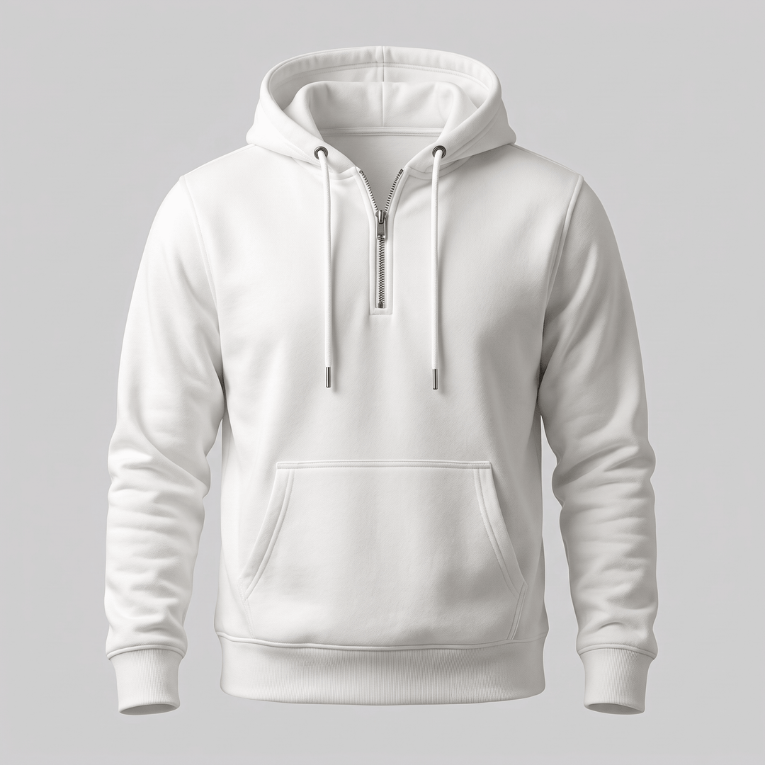 White quarter-zip hoodie with hood drawstrings and front pouch pocket