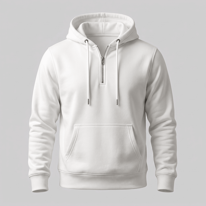 White quarter-zip hoodie with hood drawstrings and front pouch pocket