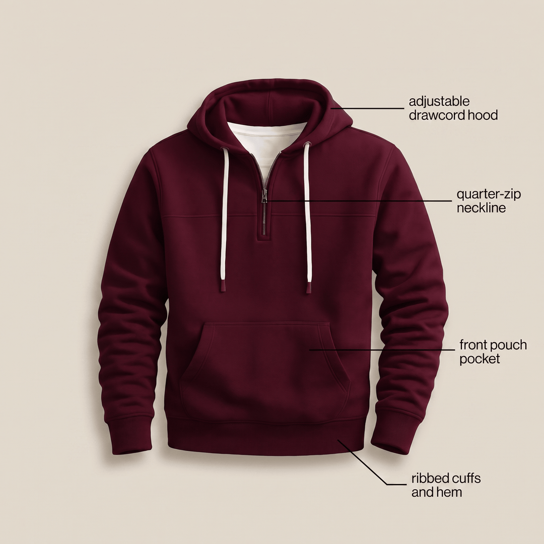 Maroon quarter-zip hoodie with adjustable drawcord hood, front pouch, ribbed cuffs and hem