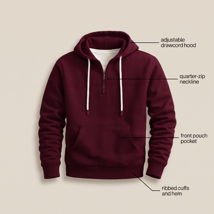 Maroon quarter-zip hoodie with adjustable drawcord hood, front pouch, ribbed cuffs and hem
