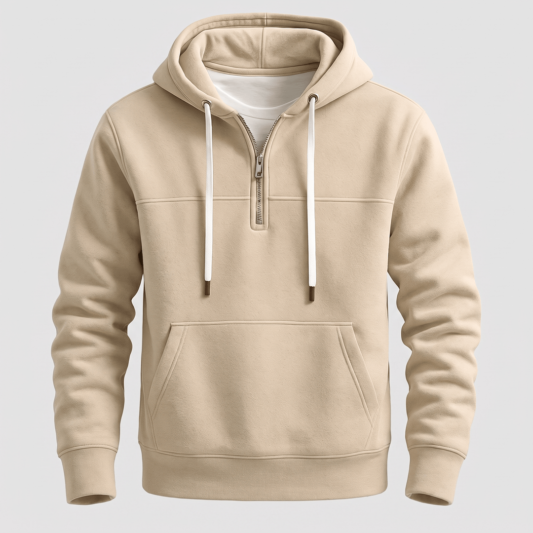 Sand beige quarter-zip hoodie with hood drawstrings and front pouch pocket