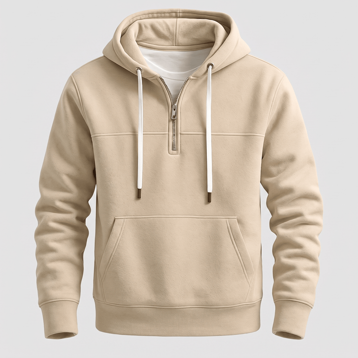 Sand beige quarter-zip hoodie with hood drawstrings and front pouch pocket