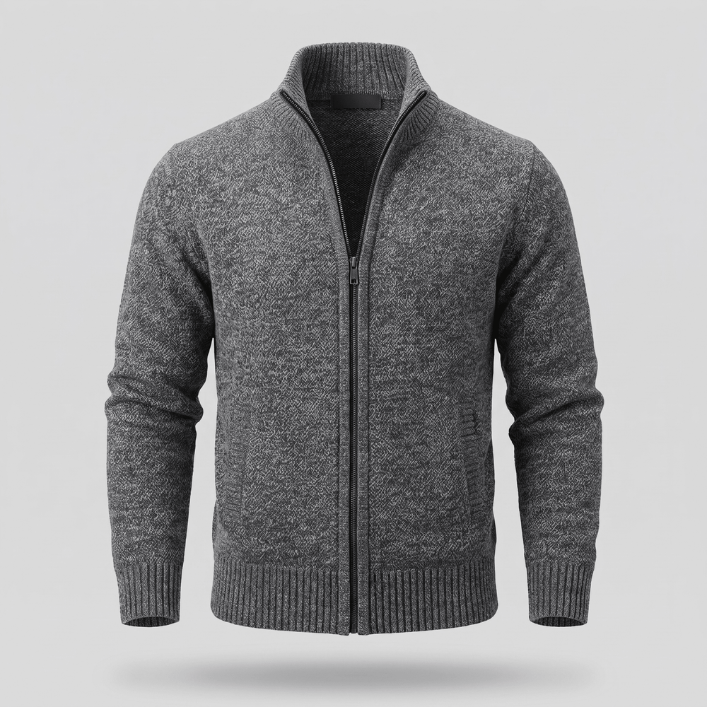 Dark grey heather zip-up cardigan with stand-up collar, metal zipper, and ribbed cuffs.