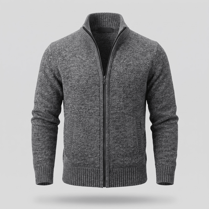 Dark grey heather zip-up cardigan with stand-up collar, metal zipper, and ribbed cuffs.