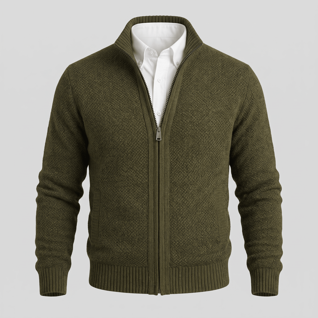 Olive green zip-up cardigan with metal zipper and ribbed stand collar.