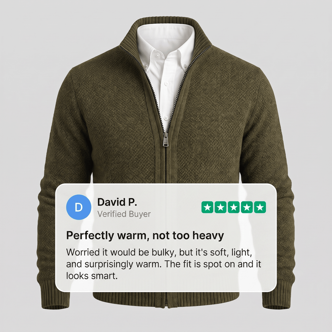 Olive green zip-up cardigan with ribbed stand collar and metal zipper.
