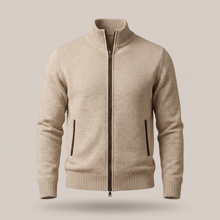 Beige zip-up cardigan with ribbed stand collar and zippered side pockets.