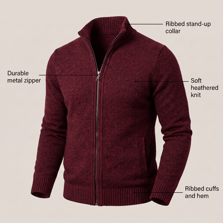 Burgundy heather knit zip-up cardigan with metal zipper and ribbed cuffs and hem.