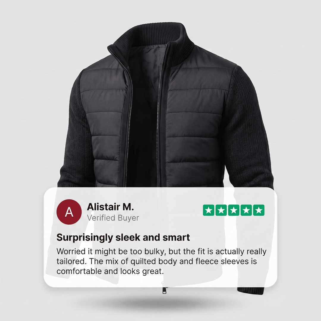 Black quilted jacket with knit sleeves and full zipper, ribbed collar and cuffs