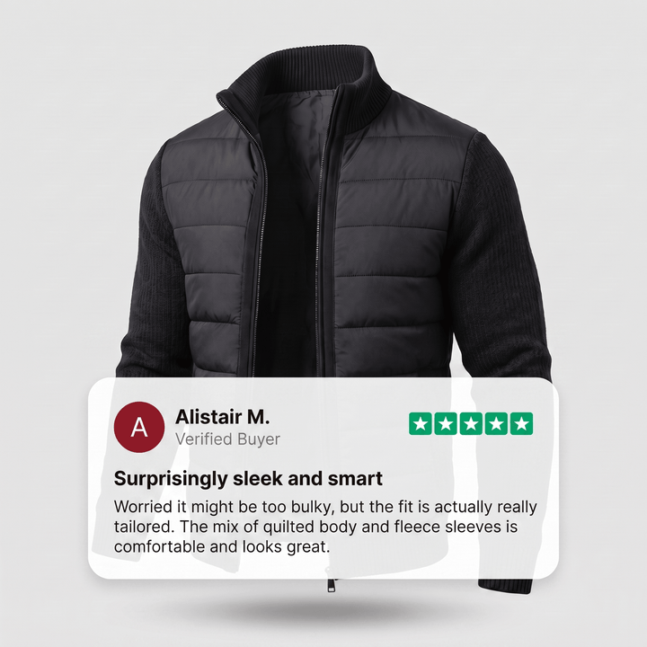Black quilted jacket with knit sleeves and full zipper, ribbed collar and cuffs