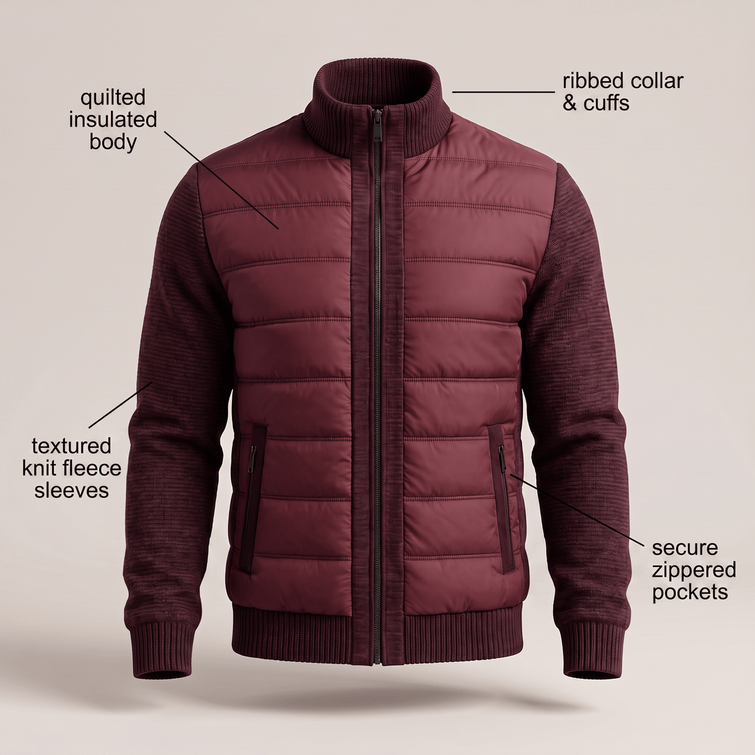 Burgundy quilted jacket with textured knit sleeves, secure zip pockets and ribbed cuffs