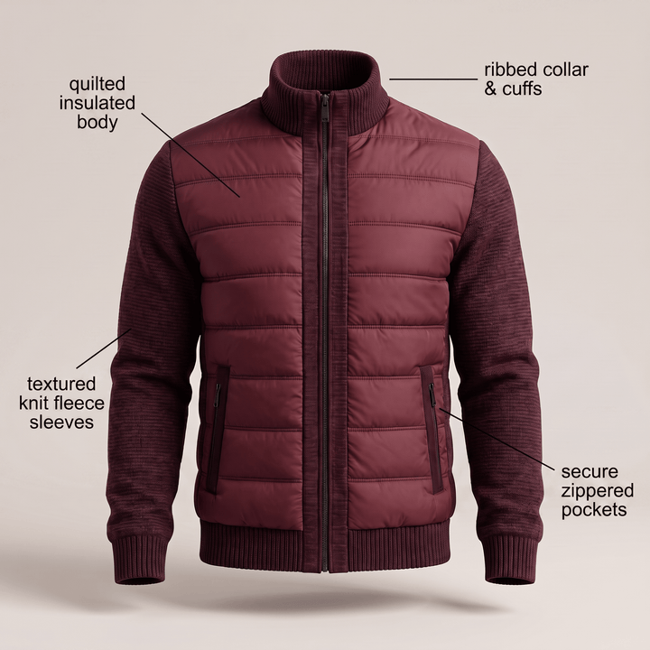 Burgundy quilted jacket with textured knit sleeves, secure zip pockets and ribbed cuffs