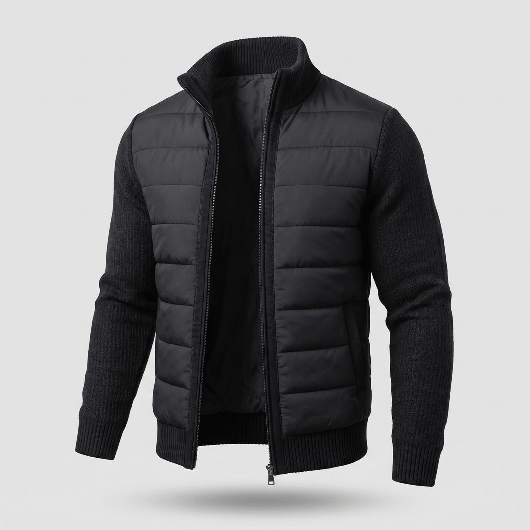 Black quilted jacket with knit sleeves, ribbed collar and cuffs, full zip front