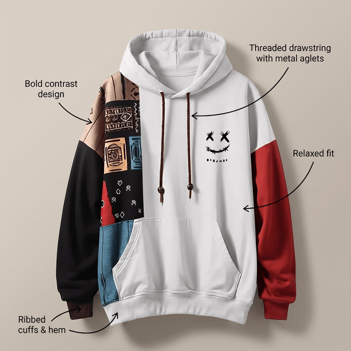 White contrast hoodie with metal-aglet drawstrings and ribbed cuffs and hem