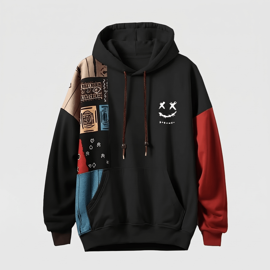 Black contrast hoodie with drawstring hood, kangaroo pocket, and red sleeve panels