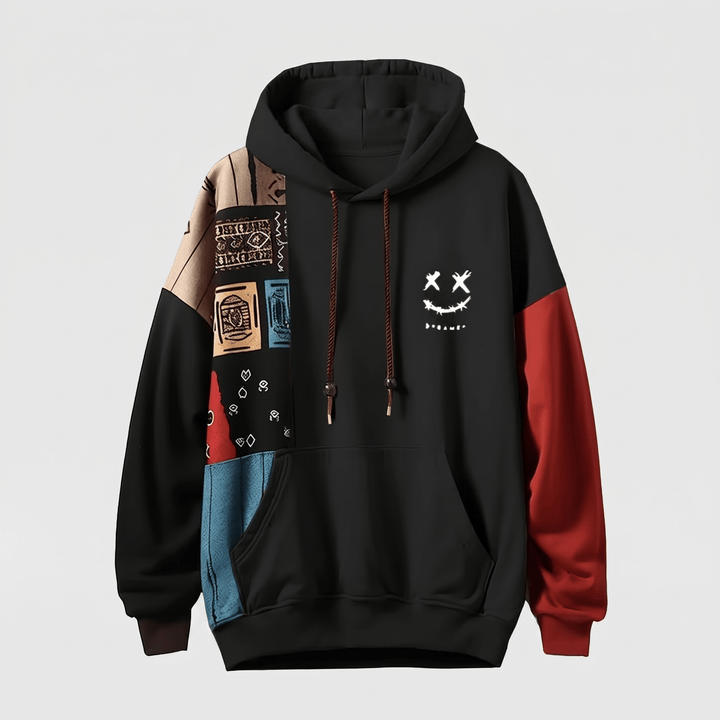 Black contrast hoodie with drawstring hood, kangaroo pocket, and red sleeve panels
