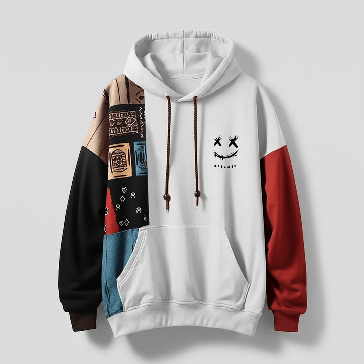 White contrast hoodie with drawstring hood, kangaroo pocket, and red sleeve panel