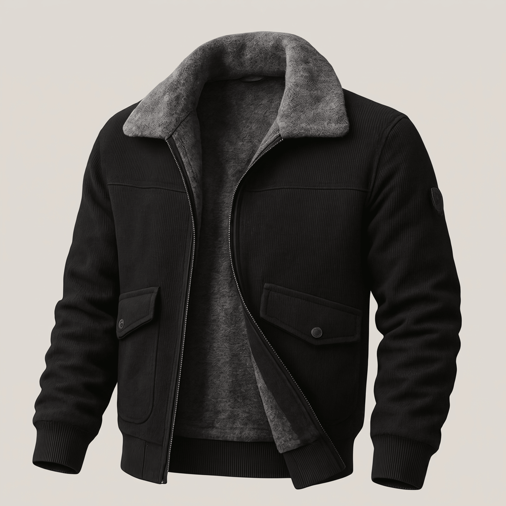 Men's black jacket with gray faux-fur lined collar and buttoned flap chest pockets