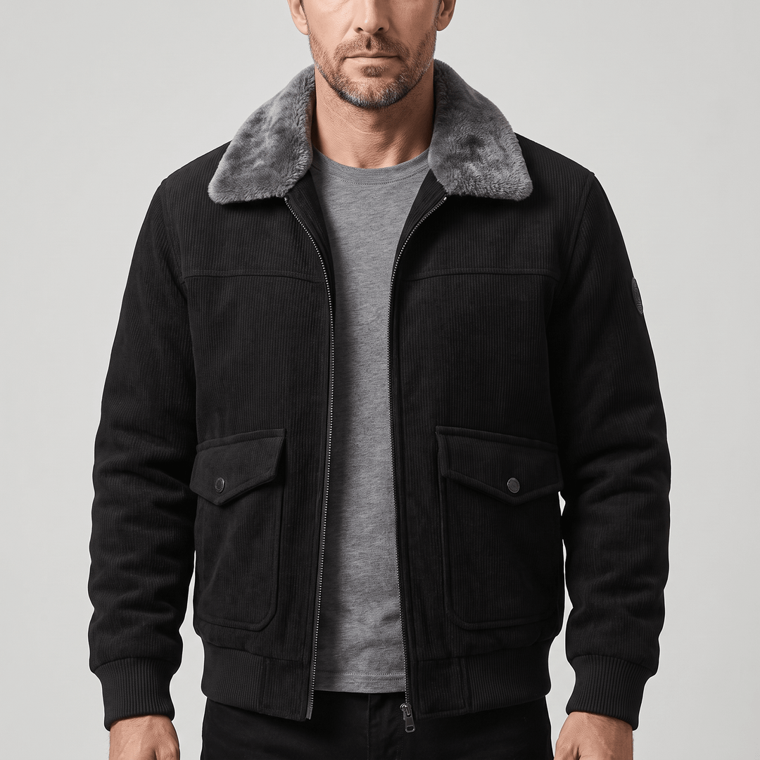 Men's black zip-front jacket with plush faux-fur collar, flap pockets, ribbed cuffs
