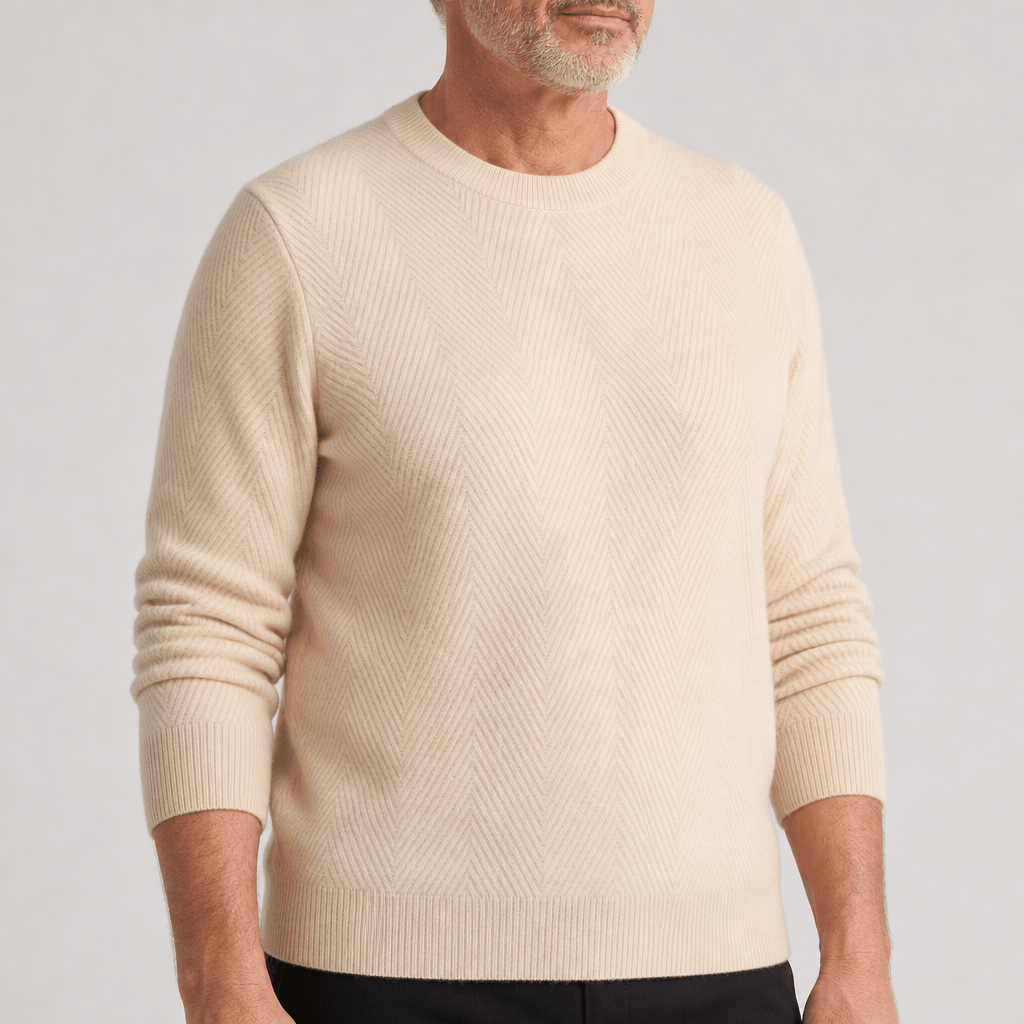 Beige crewneck cashmere sweater with textured chevron knit and ribbed cuffs