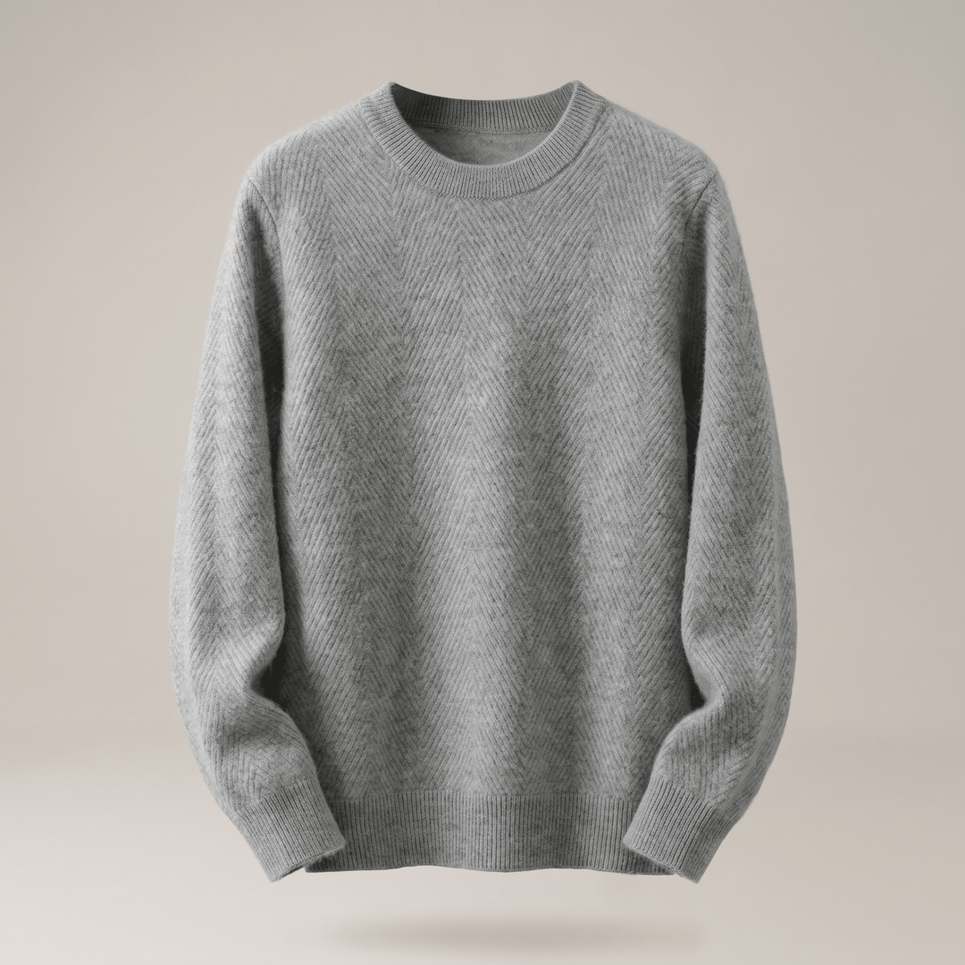Grey crewneck sweater with textured chevron knit and ribbed cuffs