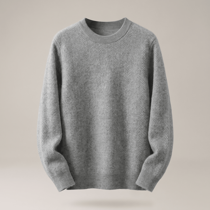Grey crewneck sweater with textured chevron knit and ribbed cuffs