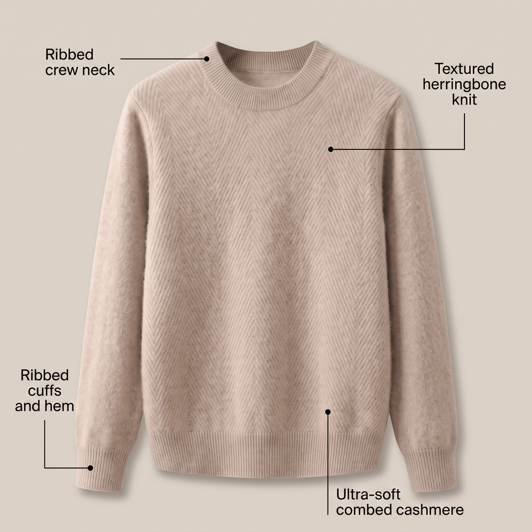 Beige crewneck sweater with textured chevron knit, ribbed cuffs and hem