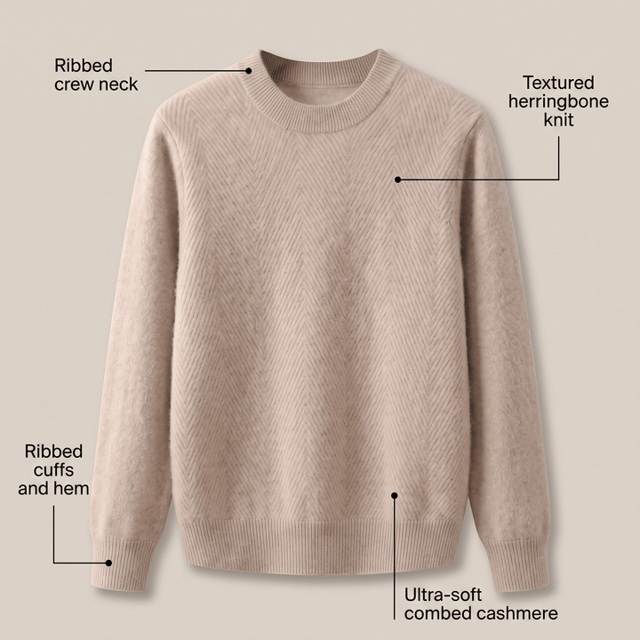 Beige crewneck sweater with textured chevron knit, ribbed cuffs and hem