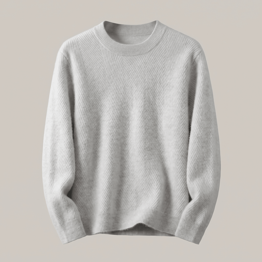 Light grey crewneck sweater with textured chevron pattern and ribbed hem