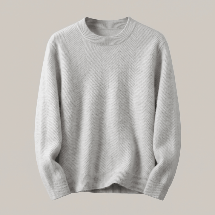 Light grey crewneck sweater with textured chevron pattern and ribbed hem